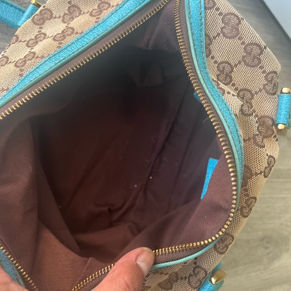 Gucci Tan and Blue Satchel with Signature Monogram - Picture 11 of 13